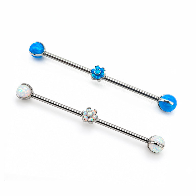 Piercing Barbell Industrial "Opal Flower" Blu / Bianco - Titanio [T024]